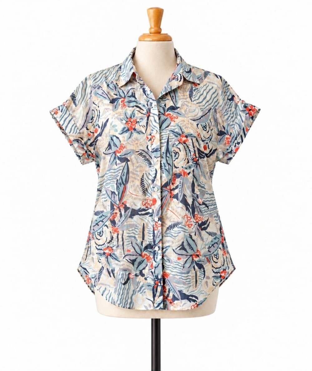 Lauren Ralph Lauren 100% Linen Shirt Womens L Tropical Floral Button Up Coastal